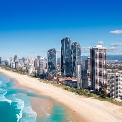 Aerial view of the stunning Gold Coast skyline on a sunny day, Queensland, Australia